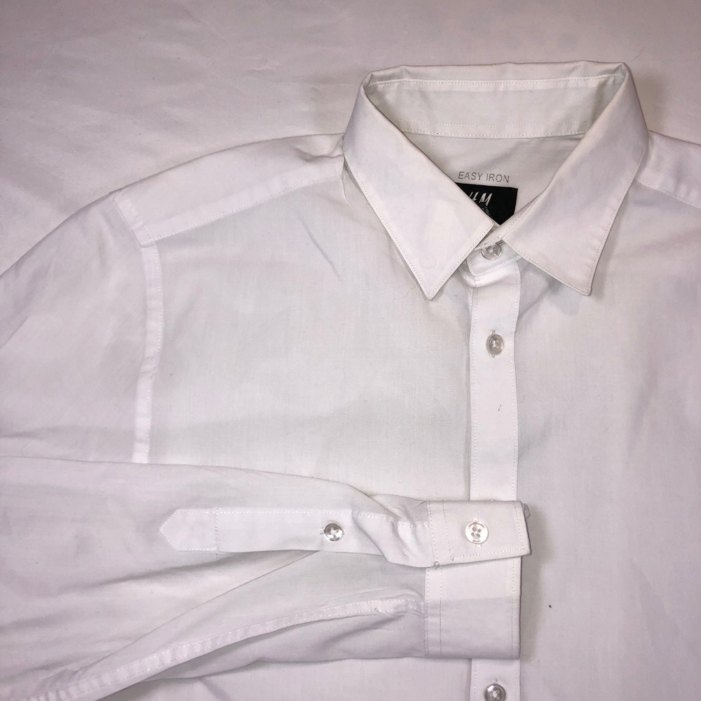 HM Easy Iron Slim Fit Button Down Shirt Mens Medium White Long Sleeve Dress